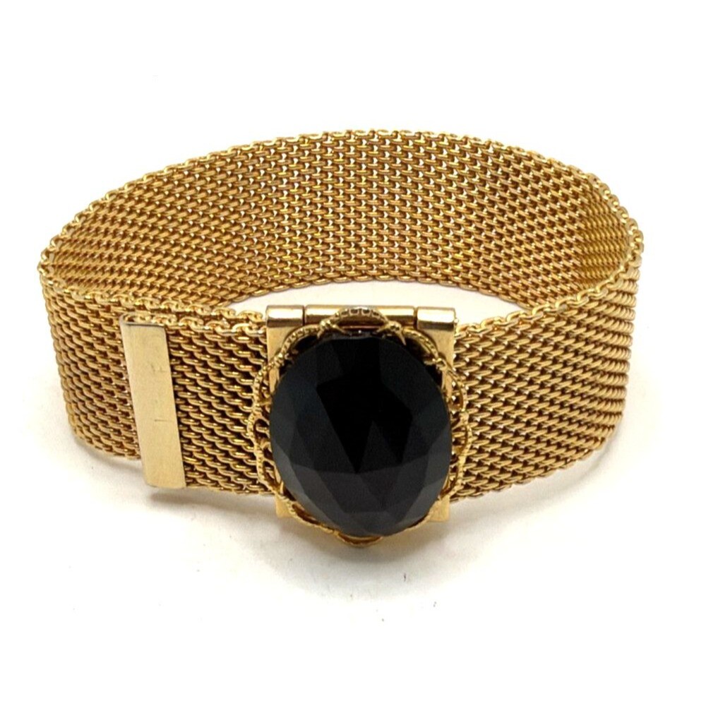 Vintage Gold Tone Mesh Wrap Bangle Bracelet Faceted Black Cabochon Accent 7.25"